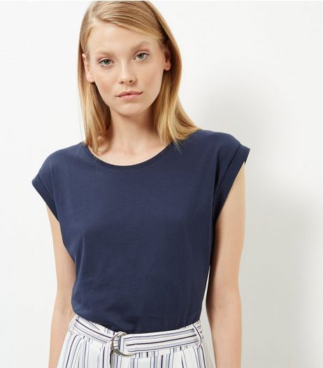Navy Roll Sleeve T-Shirt | New Look
