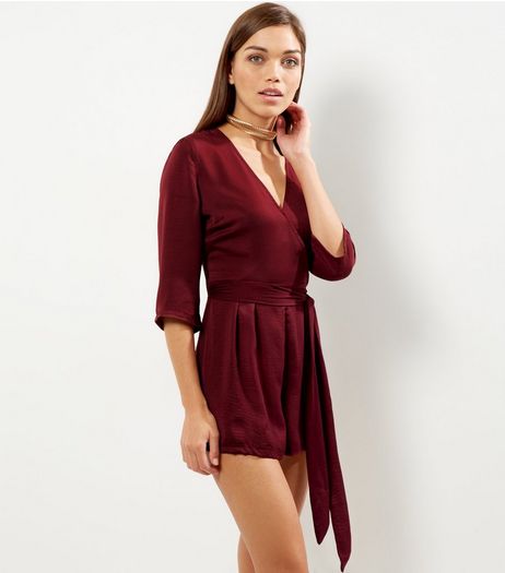 Influence Burgundy Wrap Front Tie Waist Playsuit | New Look