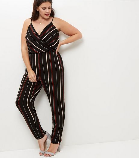 Curves Black Stripe Wrap Jumpsuit | New Look