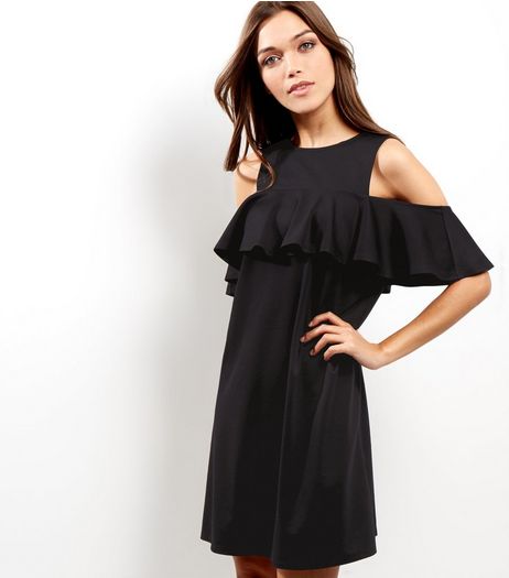 Black Cold Shoulder Frill Trim Tunic Dress | New Look