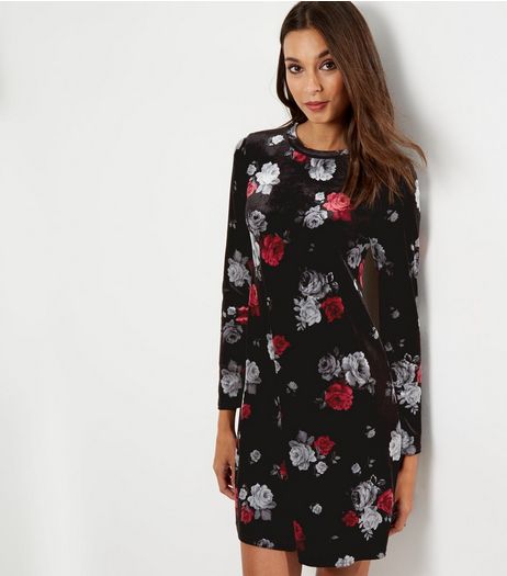 Black Velvet Floral Print Long Sleeve Dress | New Look