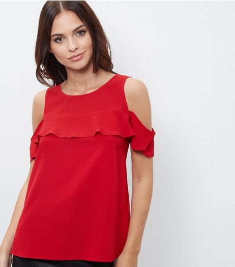 Dark Red Ruffle Cold Shoulder Shell Top | New Look
