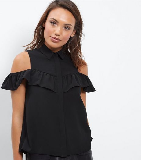 Black Button Front Cold Shoulder Frill Shirt | New Look