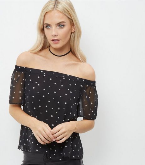 Petite Black Star Print Chiffon Bardot Neck Top | New Look