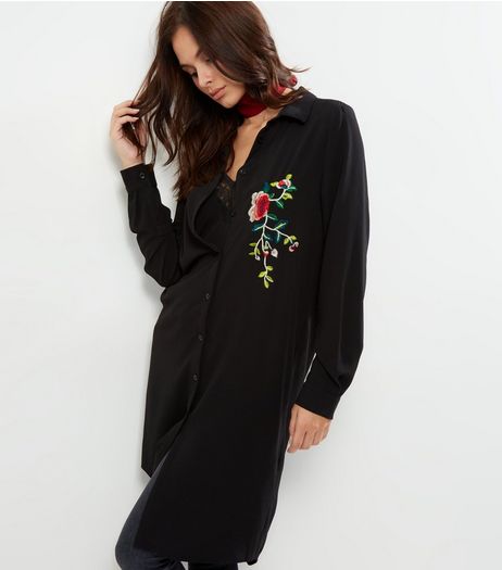 Black Floral Embroidered Longline Shirt | New Look