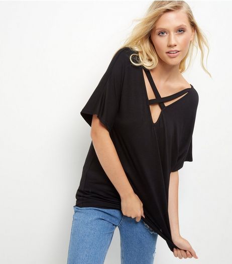 Black Cross Strap Front T-Shirt | New Look