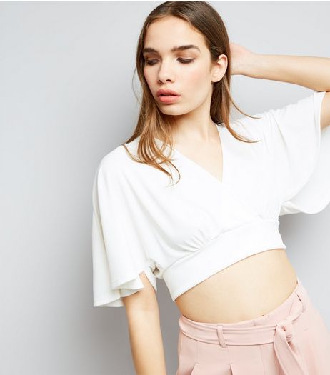 Cream Cape Sleeve Wrap Front Crop Top | New Look