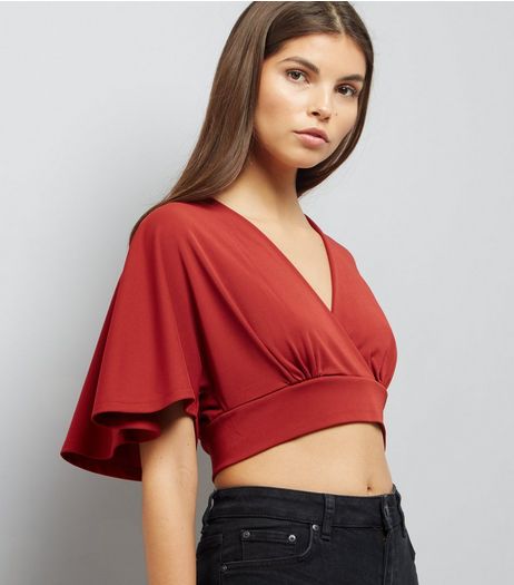 Brown Cape Sleeve Wrap Front Crop Top | New Look