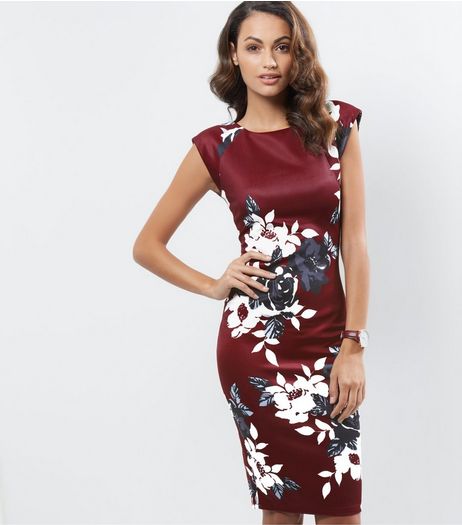 AX Paris Burgundy Floral Print Cap Sleeve Bodycon Dress | New Look