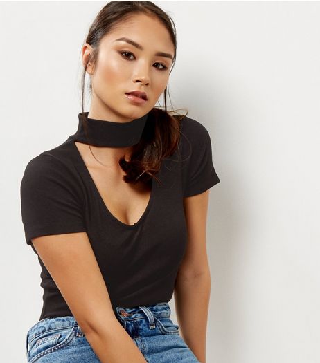Black Choker Neck Cut Out Front Bodysuit | New Look