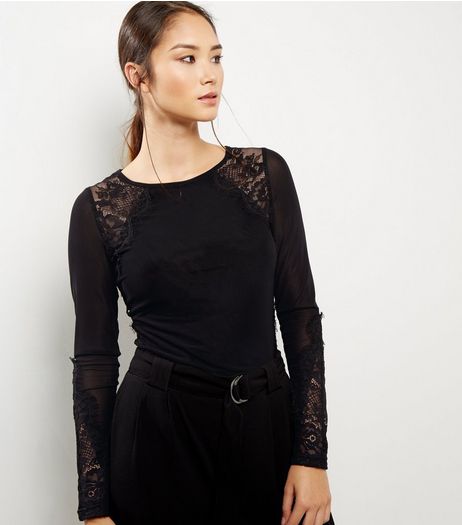 Black Lace Panel Long Sleeve Top | New Look