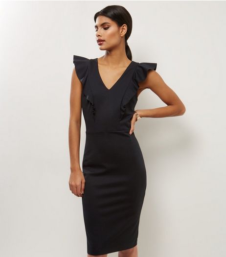 Black V Neck Frill Trim Pencil Midi Dress | New Look