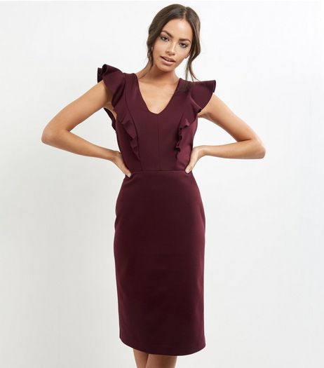 Burgundy V Neck Frill Trim Pencil Dress | New Look