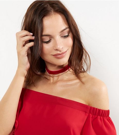 Burgundy Velvet Diamante Layered Choker | New Look