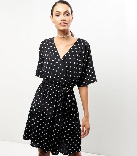 Black Polka Dot Print Wrap Front Dress | New Look