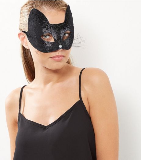 Black Halloween Glitter Cat Mask | New Look