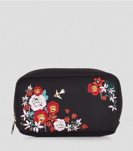 Black Floral Embroidered Make Up Bag | New Look