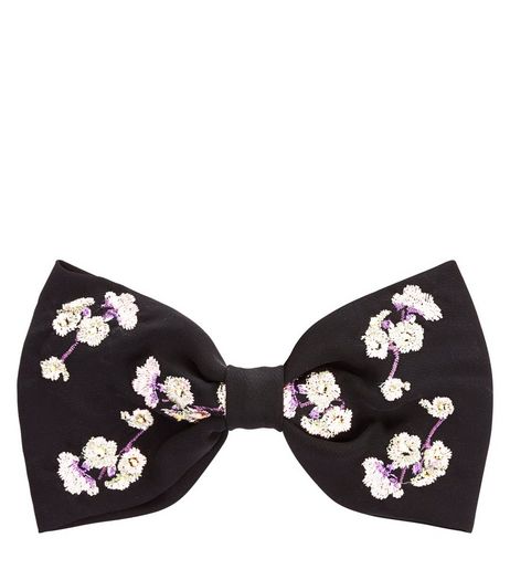 Black Embroidered Bow Hair Clip | New Look
