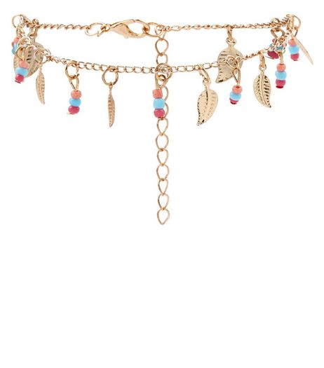 Gold Beaded Leaf Drop Anklet | New Look