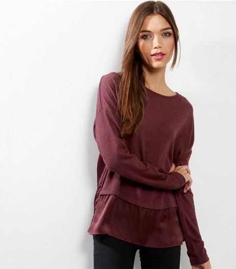 Burgundy Sateen Long Sleeve Contrast Top | New Look