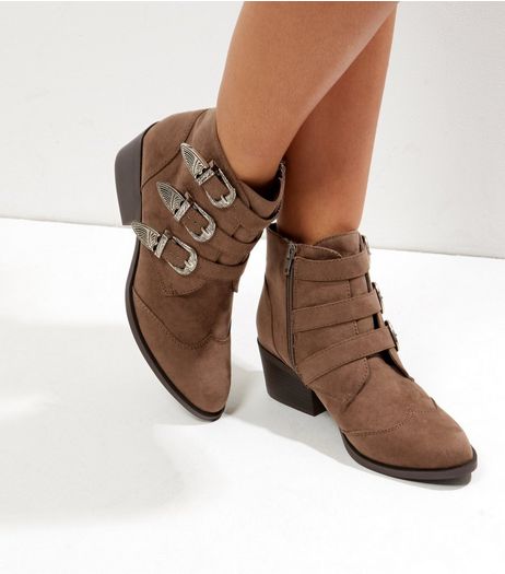 Light Brown Suedette Silver Buckle Western Boots | New Look