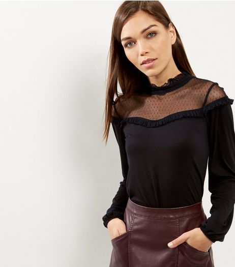 Black Spot Mesh Yoke Long Sleeve Top | New Look