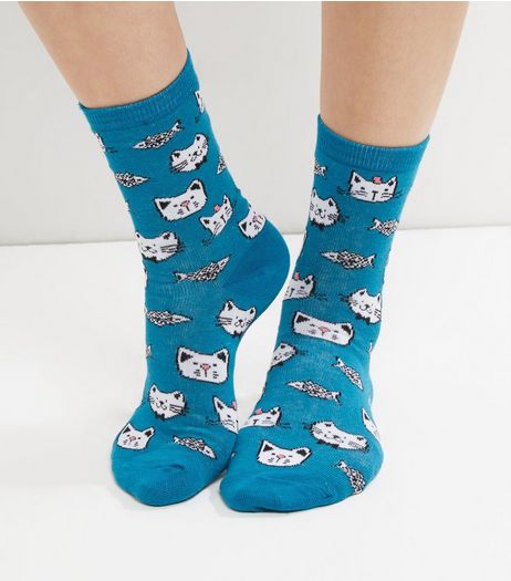 Blue Cat Print Socks | New Look