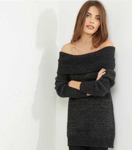 Blue Vanilla Black Glitter Bardot Neck Jumper | New Look