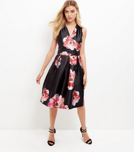 Blue Vanilla Black Floral Print Pleated Dress | New Look