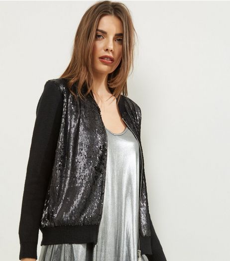 Blue Vanilla Black Sequin Panel Bomber Jacket | New Look