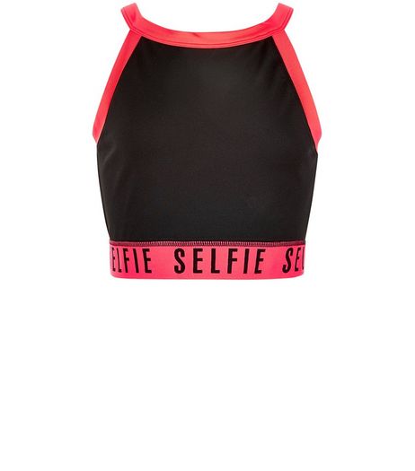 Teens Black Selfie High Neck Sports Crop Top | New Look