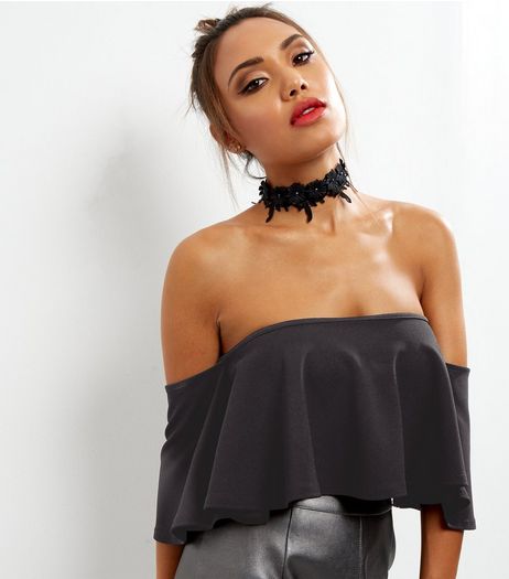 Black Frill Trim Bardot Neck Crop Top | New Look