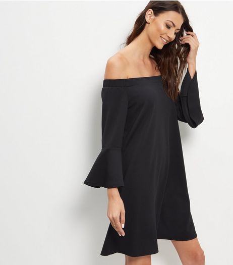 Black Flared 3/4 Sleeve Bardot Neck Dress | New Look