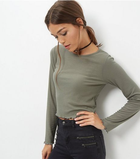 Olive Ribbed Frill Trim Long Sleeve Top | New Look