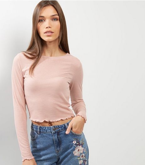 Pink Ribbed Frill Trim Long Sleeve Top | New Look