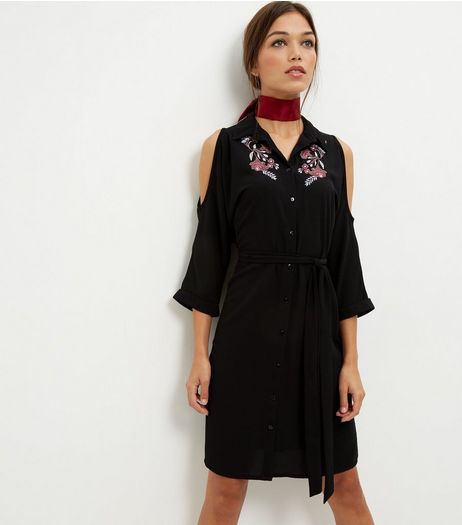 Black Floral Embroidered Cold Shoulder Shirt Dress | New Look