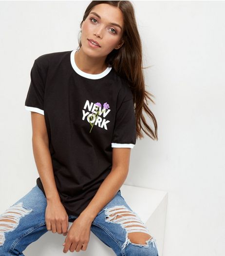Black Floral New York Print Contrast Trim T-Shirt | New Look