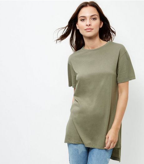 Olive Green Split Side Longline T-Shirt | New Look