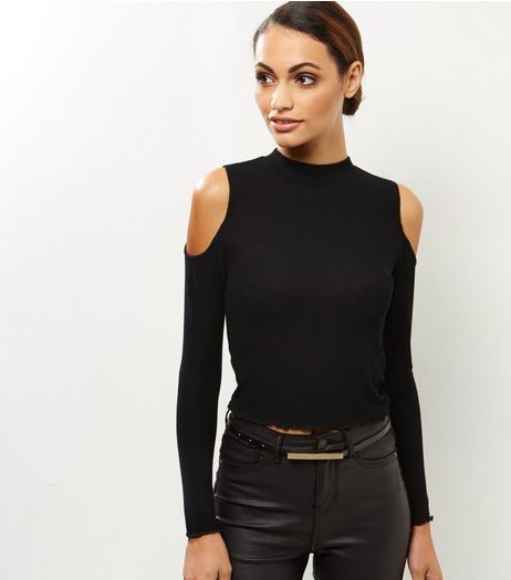 Black Ribbed Cold Shoulder Top | New Look