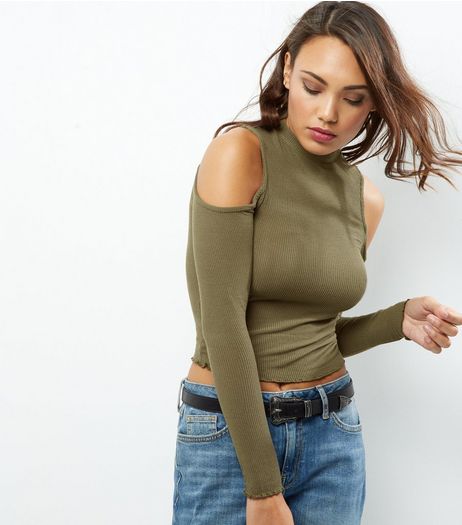 Olive Ribbed Cold Shoulder Top | New Look