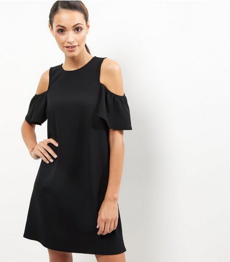 Black Crepe Frill Trim Cold Shoulder Tunic Dress | New Look