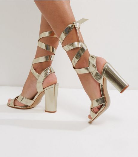 Wide Fit Gold Tie Up Block Heeled Sandals | New Look
