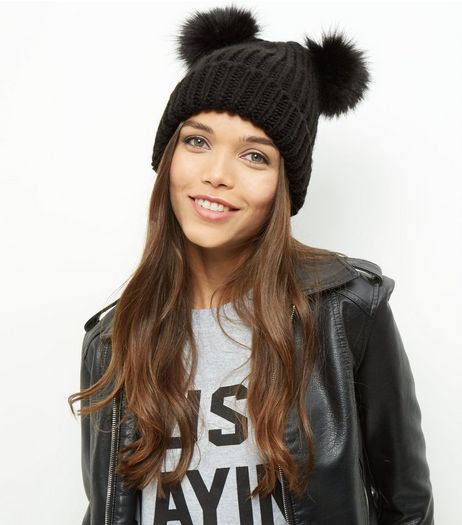 Black Double Faux Fur Pom Pom Beanie Hat | New Look