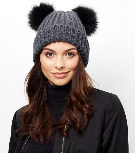 Grey Double Faux Fur Pom Pom Hat | New Look