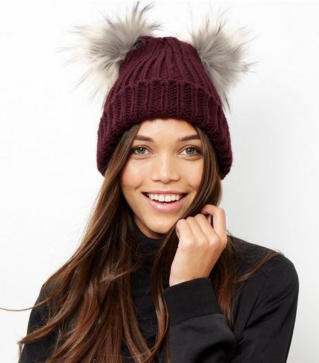 Burgundy Double Faux Fur Pom Pom Hat | New Look