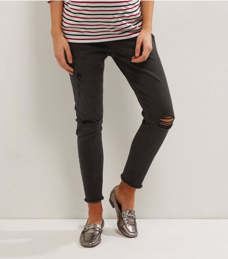 Matenity Black Washed Over Bump Ripped Knee Jeggings | New Look