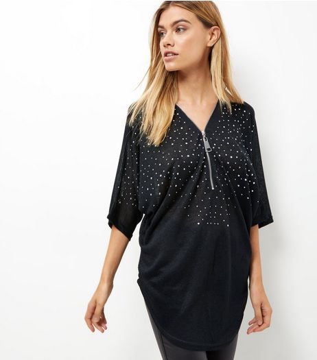 Blue Vanilla Black Diamante Zip Front Top | New Look