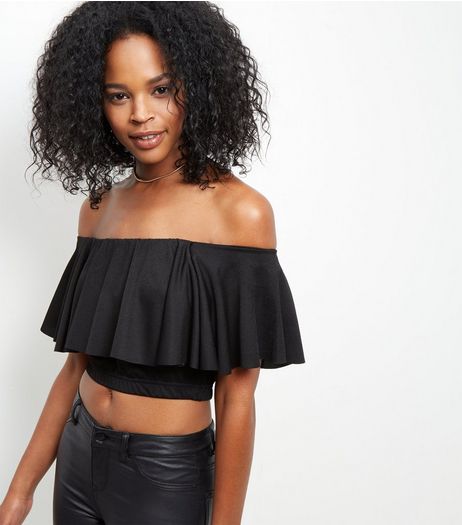 Cameo Rose Black Ruffle Trim Bardot Neck Crop Top | New Look