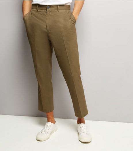 Olive Green Cropped Cotton Slim Leg Trousers | New Look