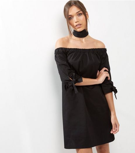 Black Tie Sleeve Bardot Neck Dress | New Look
